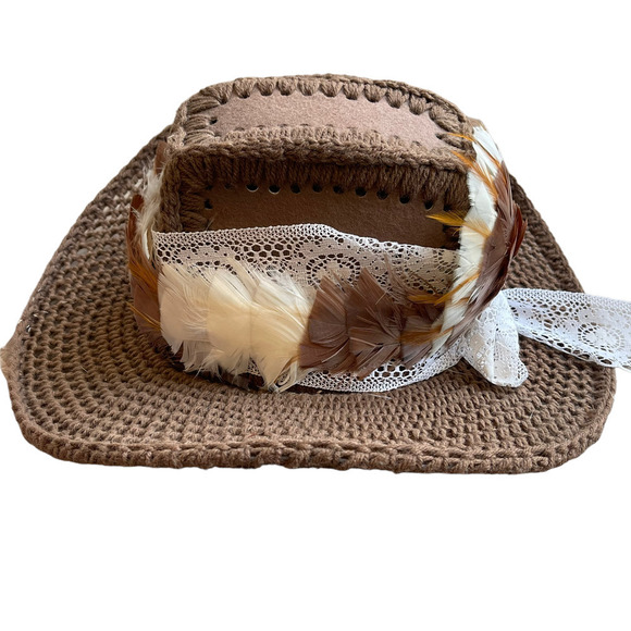 Vintage Handmade Crochet Feathers And Lace Hat Brown Women\'s OS main image 10